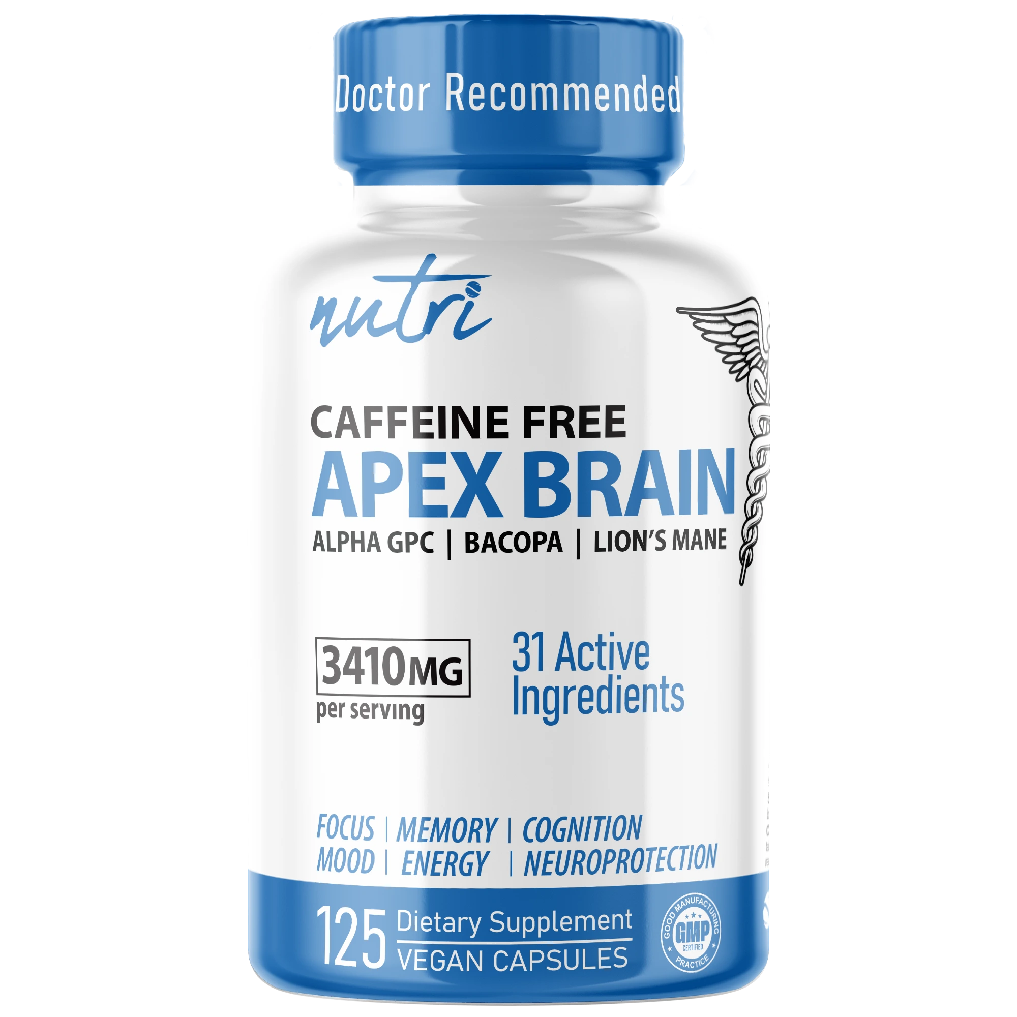 Nutri Apex Brain Caffeine Free 3410 mg – 125 Count - front label