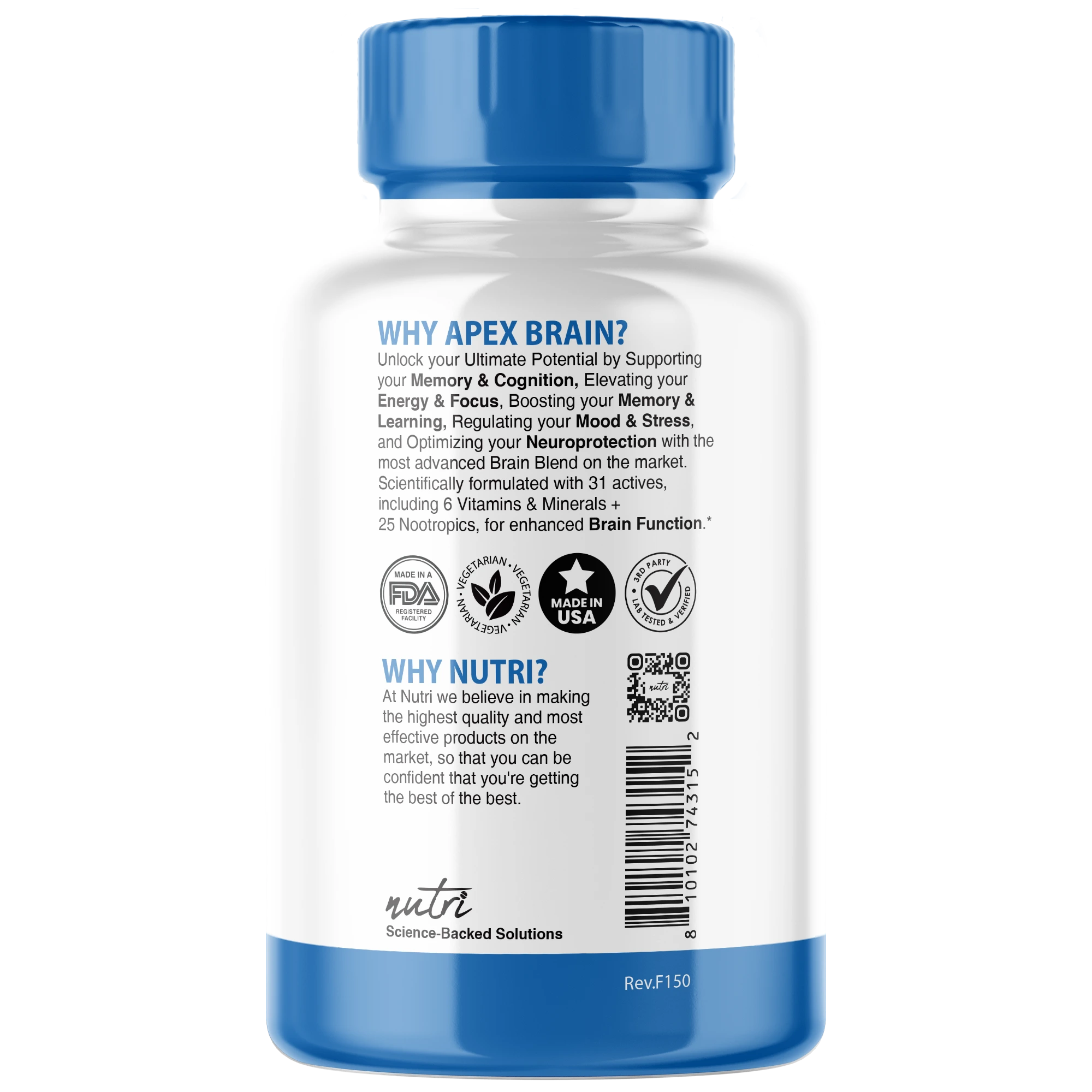 Nutri Apex Brain Caffeine Free 3410 mg – 125 Count - side view