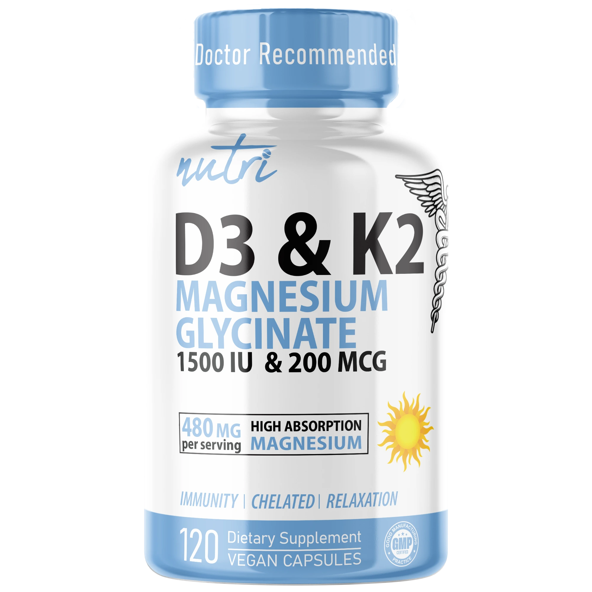 Nutri D3 & K2 Magnesium Glycinate (High Absorption) 480 mg – 120 Count - front label