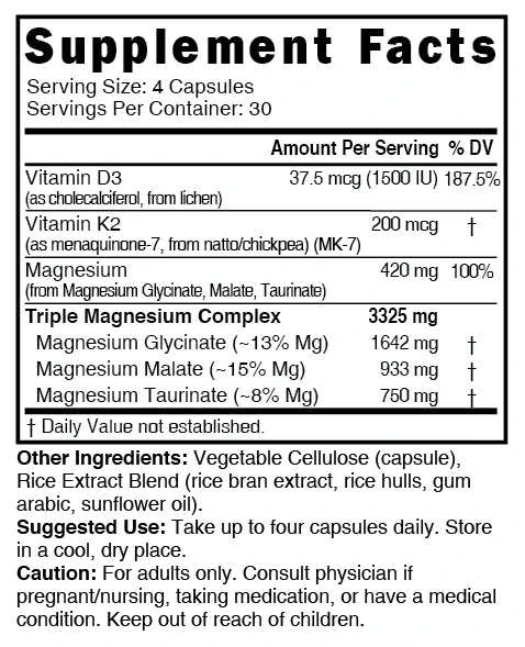 Nutri D3 & K2 Triple Magnesium (Glycinate, Malate, Taurinate) 420 mg – 120 Count - Supplement Facts label