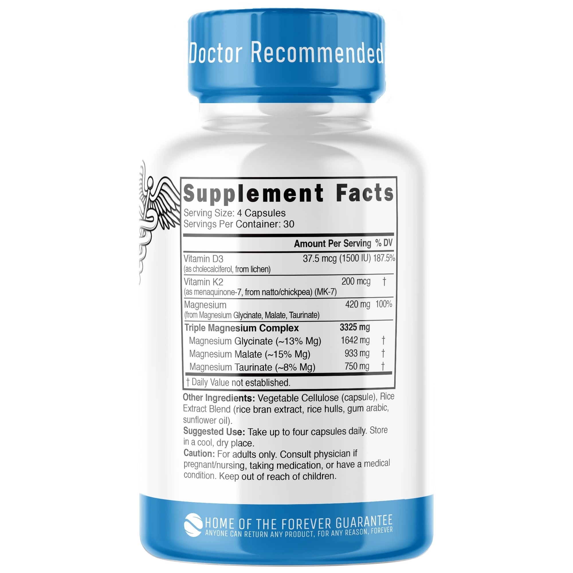 Nutri D3 & K2 Triple Magnesium (Glycinate, Malate, Taurinate) 420 mg – 120 Count - back label