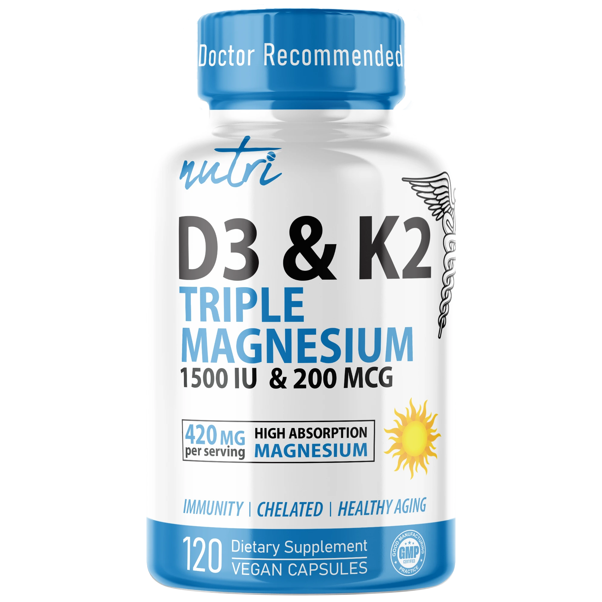 Nutri D3 & K2 Triple Magnesium (Glycinate, Malate, Taurinate) 420 mg – 120 Count - front label