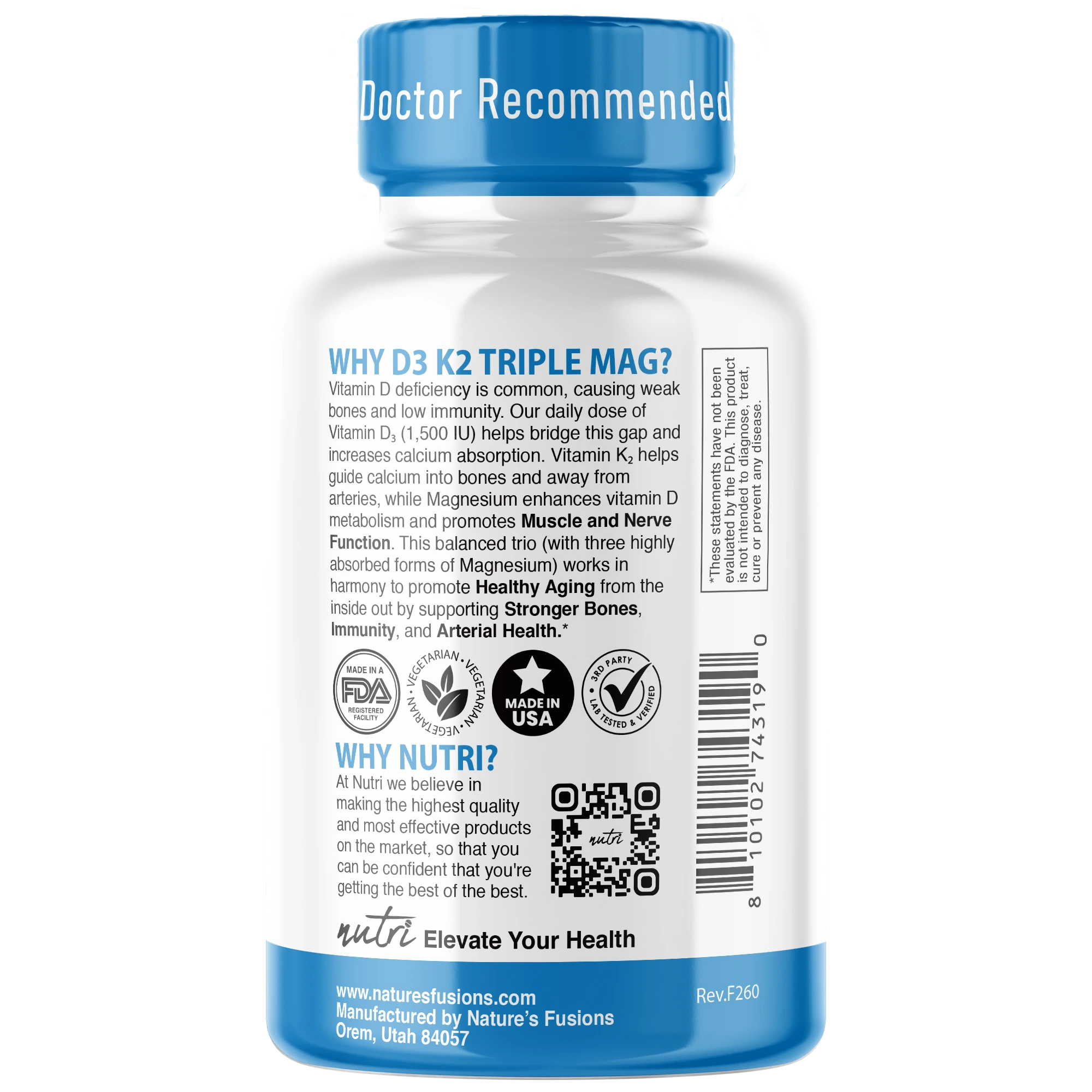 Nutri D3 & K2 Triple Magnesium (Glycinate, Malate, Taurinate) 420 mg – 120 Count - side view