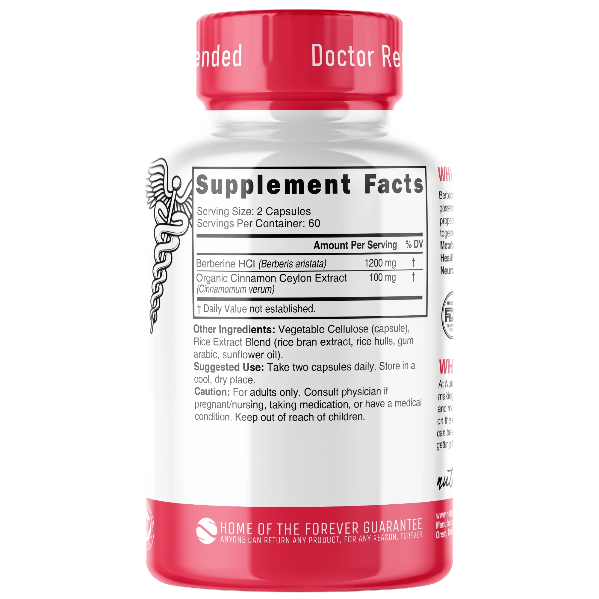 Nutri Berberine+ with Cinnamon Ceylon 1300 mg – 120 Count - back label