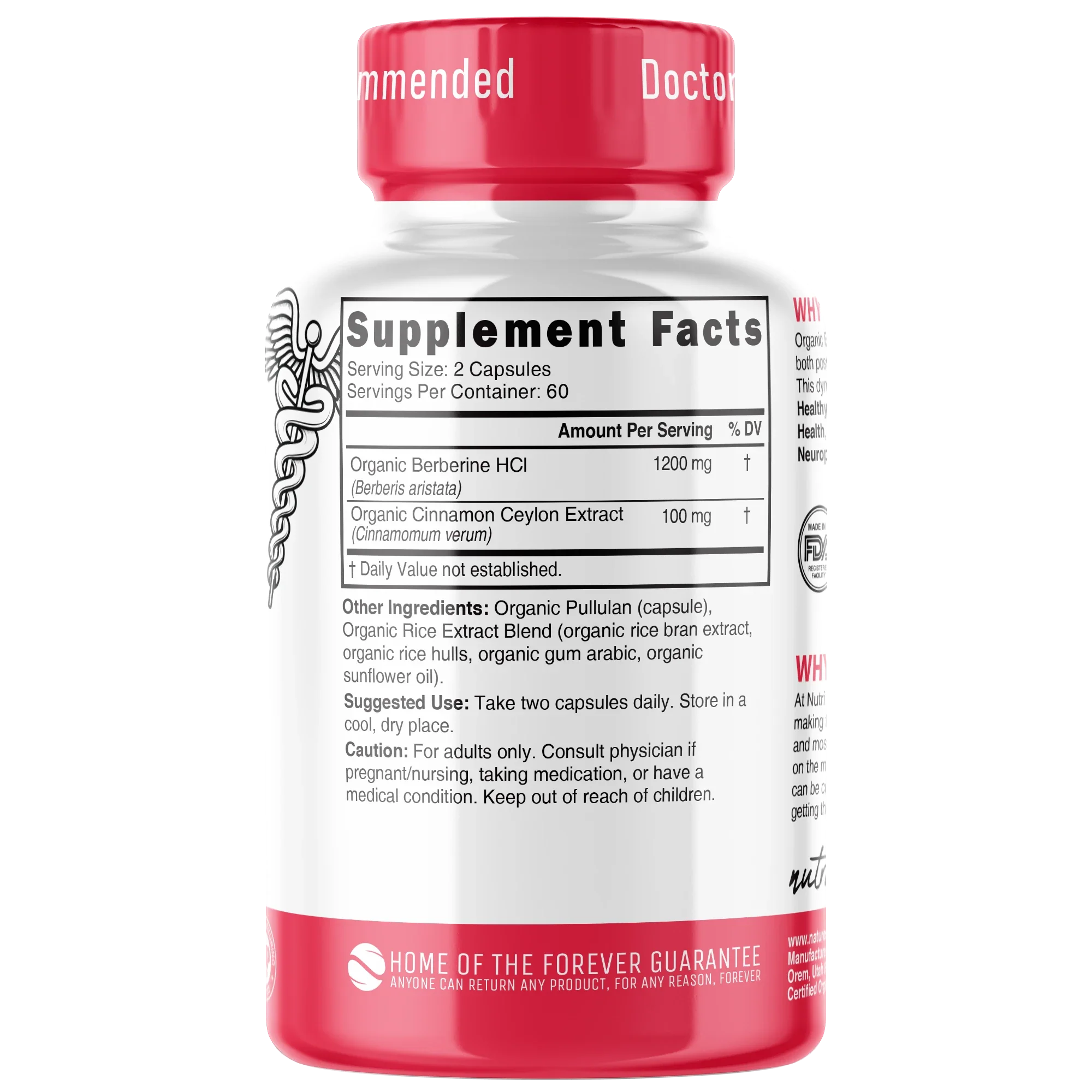 Nutri Berberine+ Organic with Cinnamon Ceylon 1300 mg – 120 Count - back label