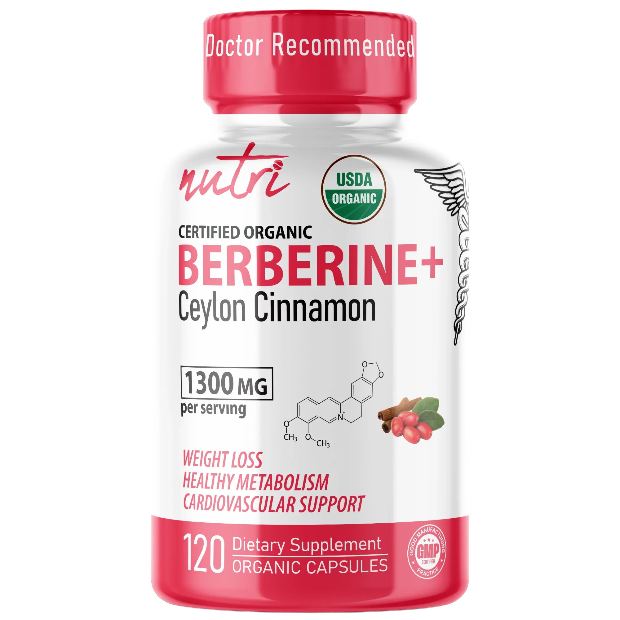 Nutri Berberine+ Organic with Cinnamon Ceylon 1300 mg – 120 Count - front label