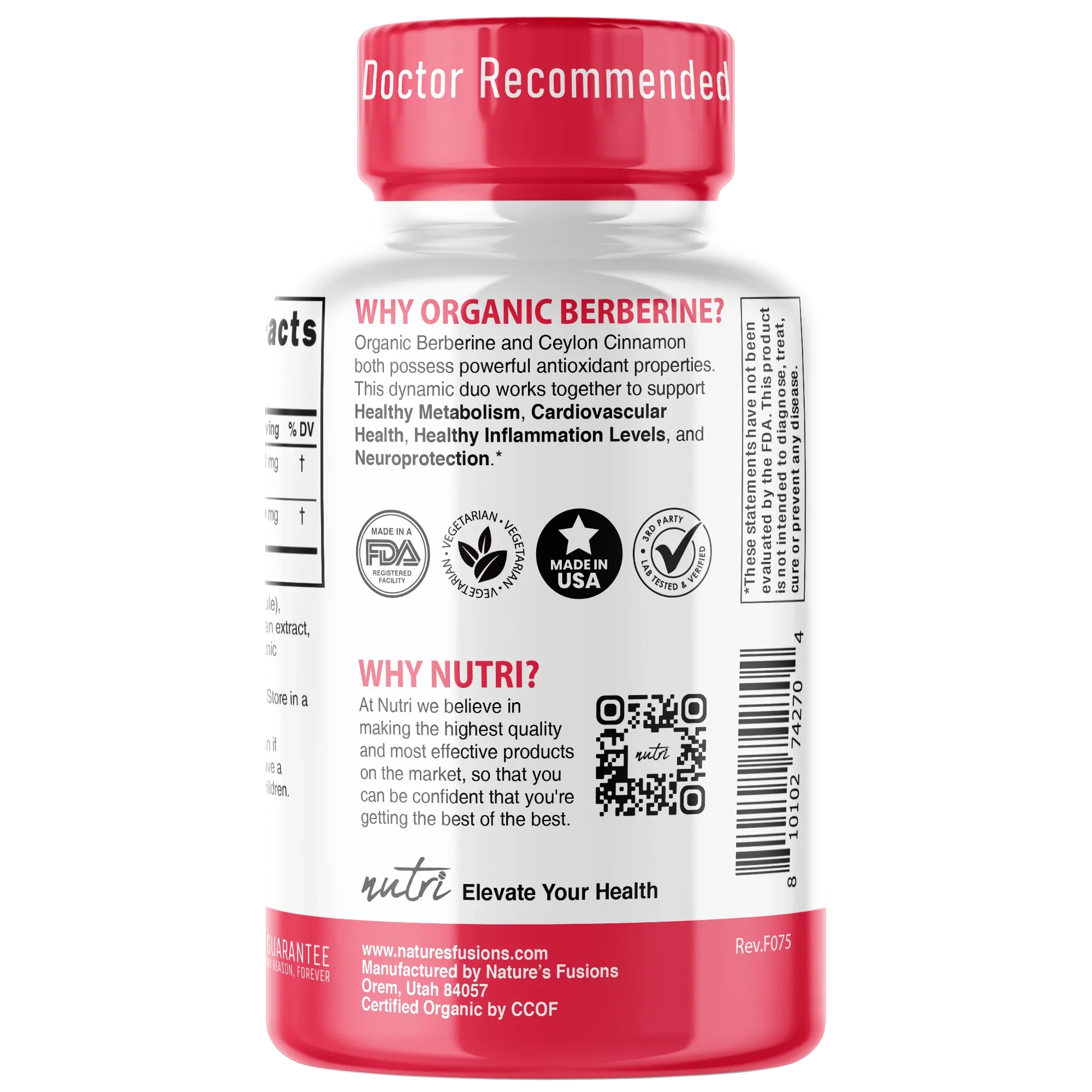 Nutri Berberine+ Organic with Cinnamon Ceylon 1300 mg – 120 Count - side view