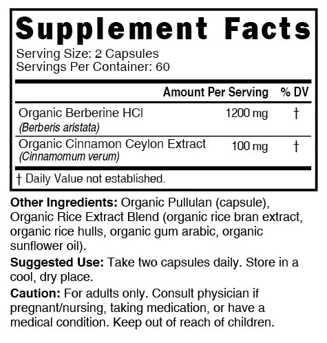 Nutri Berberine+ Organic with Cinnamon Ceylon 1300 mg – 120 Count - Supplement Facts label