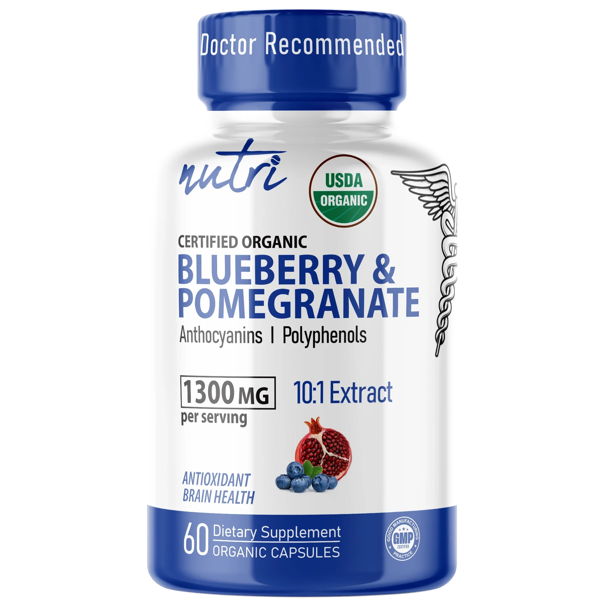 Nutri Blueberry & Pomegranate Organic 1300 mg – 60 Count - front label