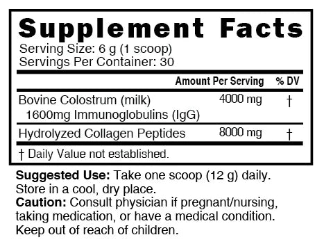 Nutri Colostrum + Collagen 4/8 g Unflavored Powder – 360 g Tub - Supplement Facts label