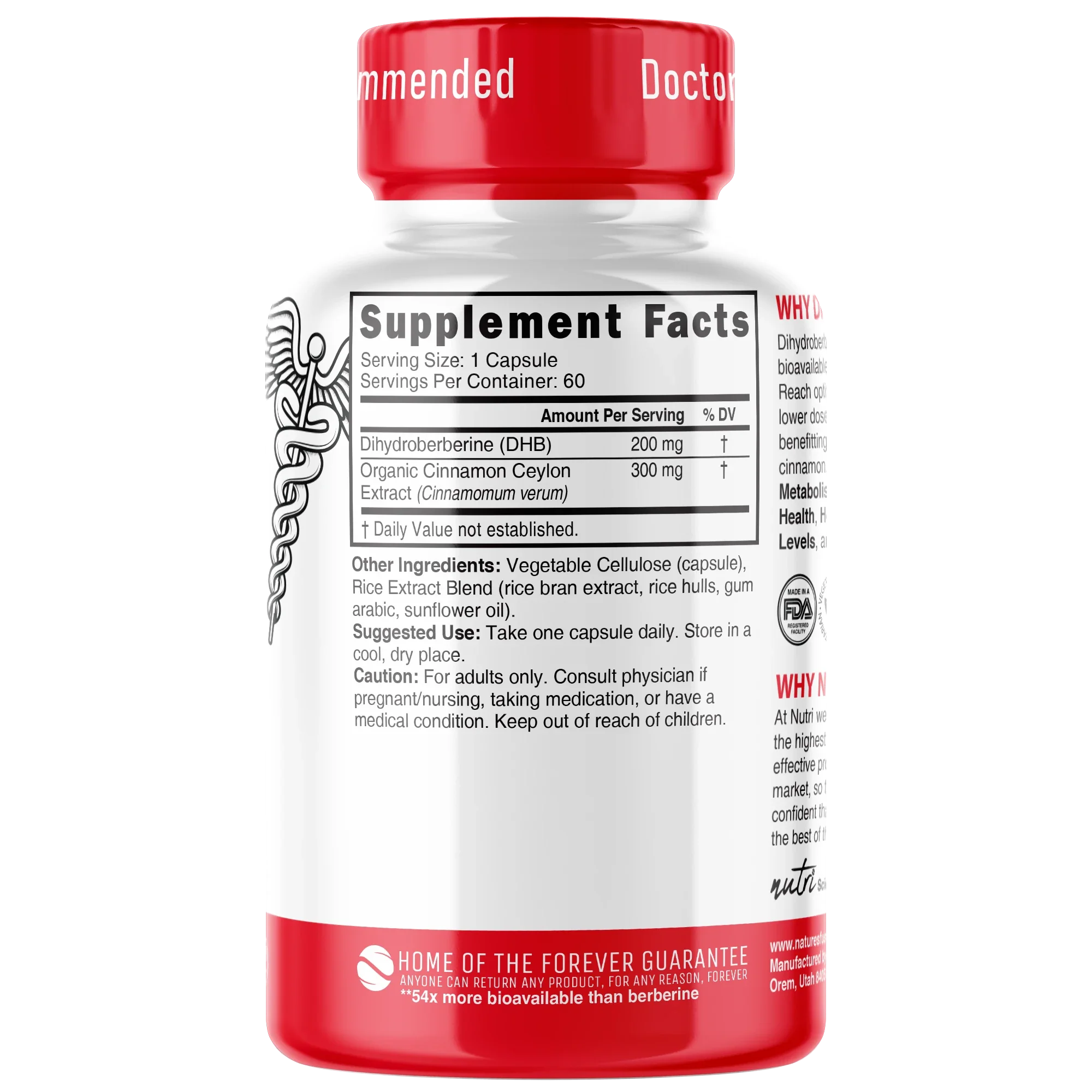 Nutri Dihydroberberine with Ceylon Cinnamon 200 mg – 60 Count - back label
