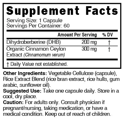 Nutri Dihydroberberine with Ceylon Cinnamon 200 mg – 60 Count - Supplement Facts label