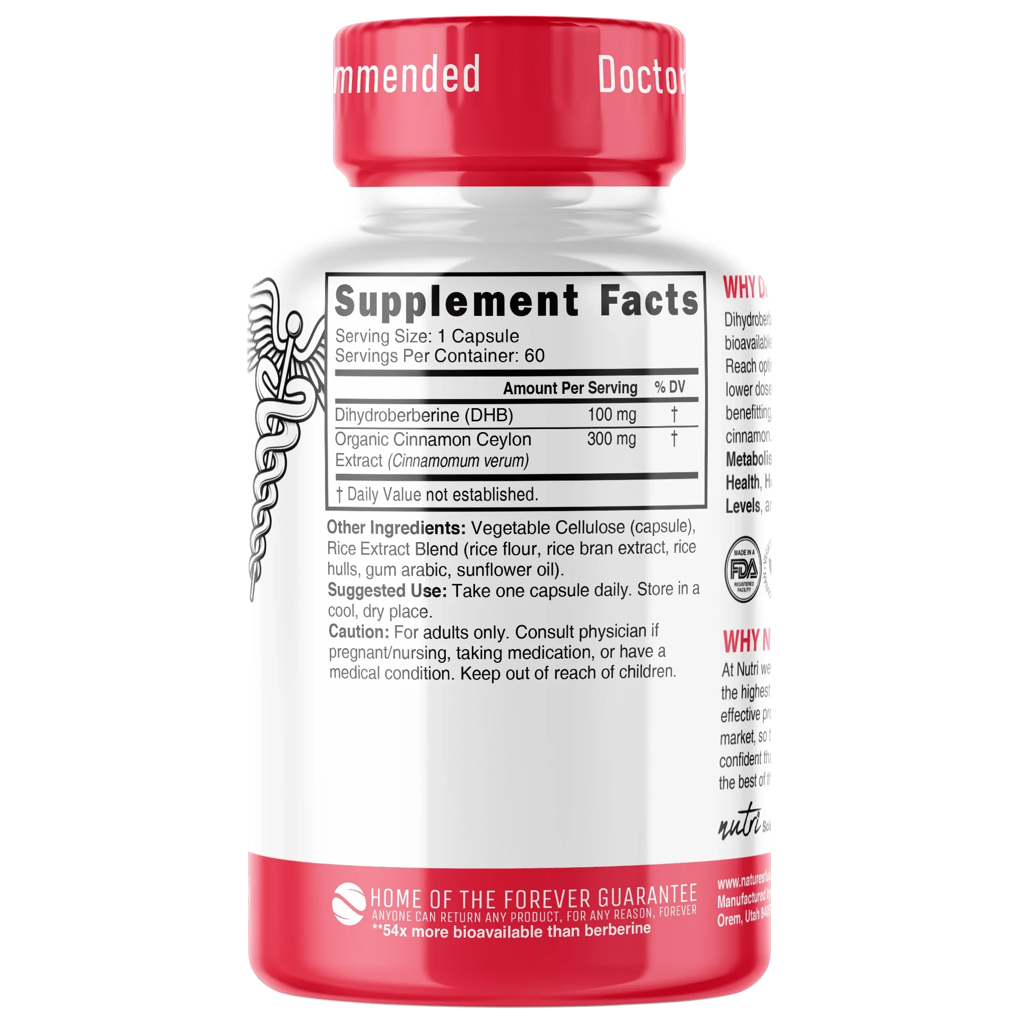 Nutri Dihydroberberine with Ceylon Cinnamon 100 mg – 60 Count - back label