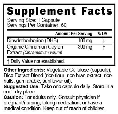 Nutri Dihydroberberine with Ceylon Cinnamon 100 mg – 60 Count - Supplement Facts label