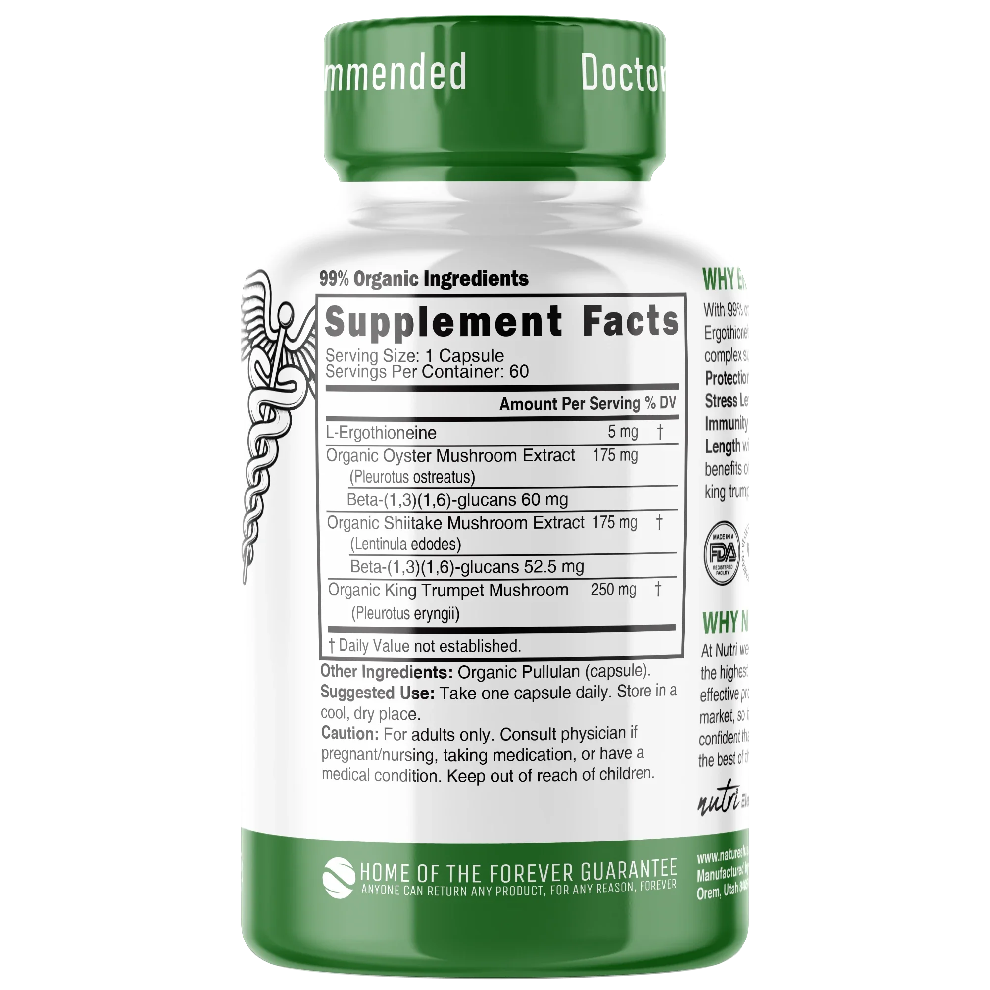 Nutri Ergothioneine Mushroom Complex 5/600 mg – 60 Count - back label