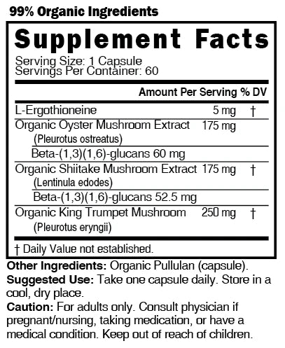 Nutri Ergothioneine Mushroom Complex 5/600 mg – 60 Count - Supplement Facts label