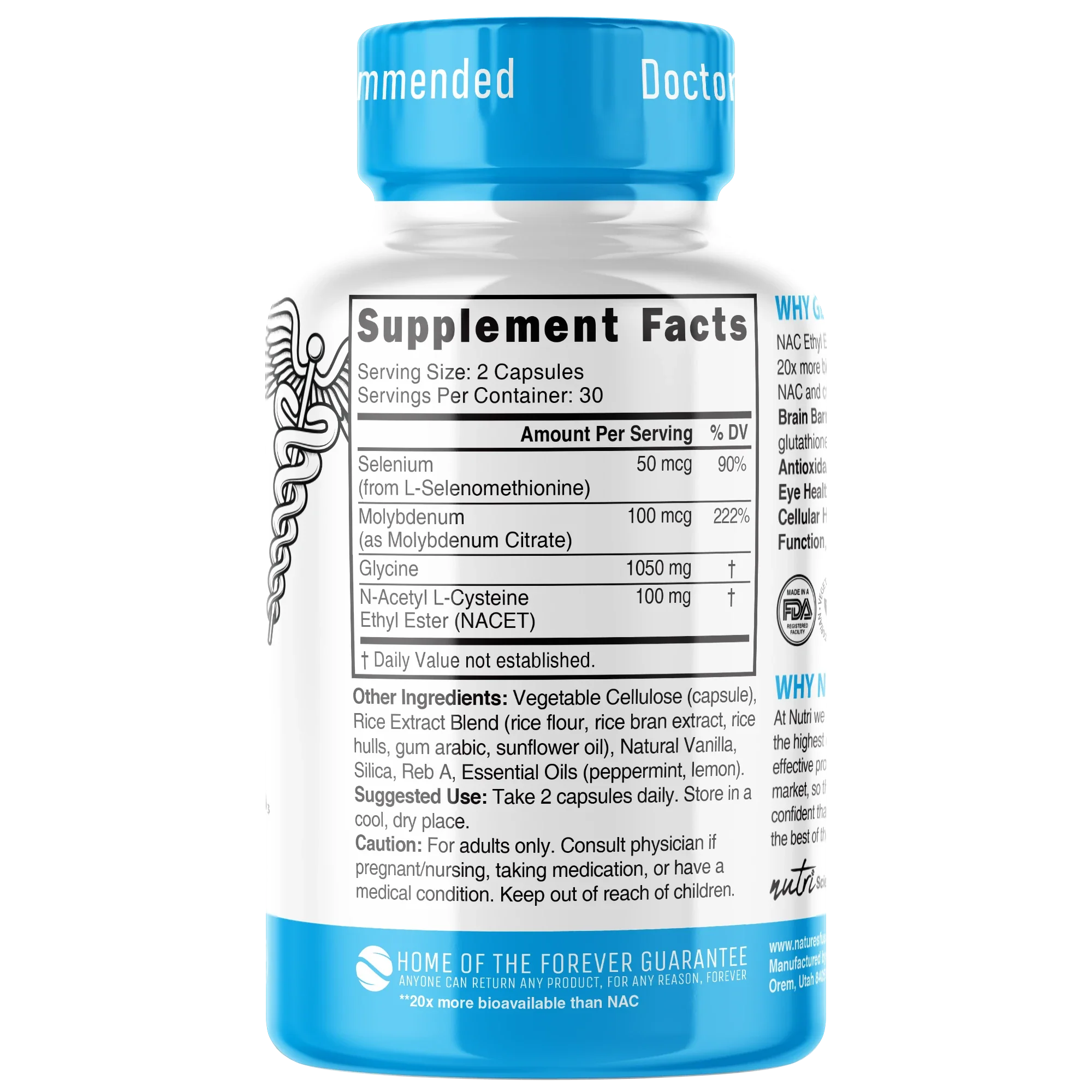 Nutri GlyNACET 100 mg 1050/100 mg – 60 Count - back label