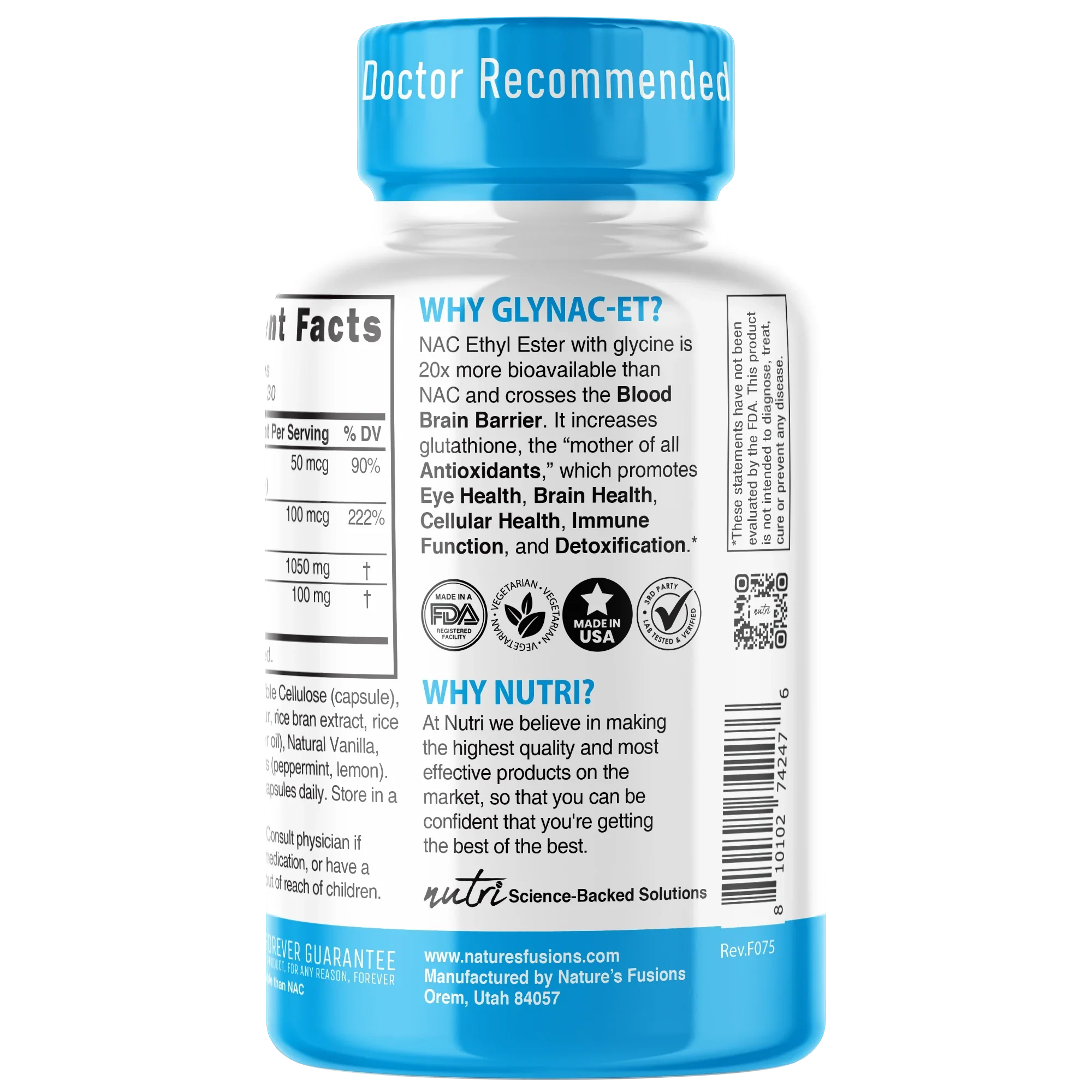 Nutri GlyNACET 100 mg 1050/100 mg – 60 Count - side view