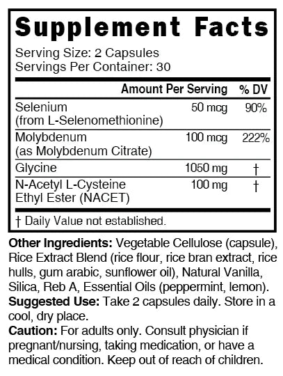 Nutri GlyNACET 100 mg 1050/100 mg – 60 Count - Supplement Facts label
