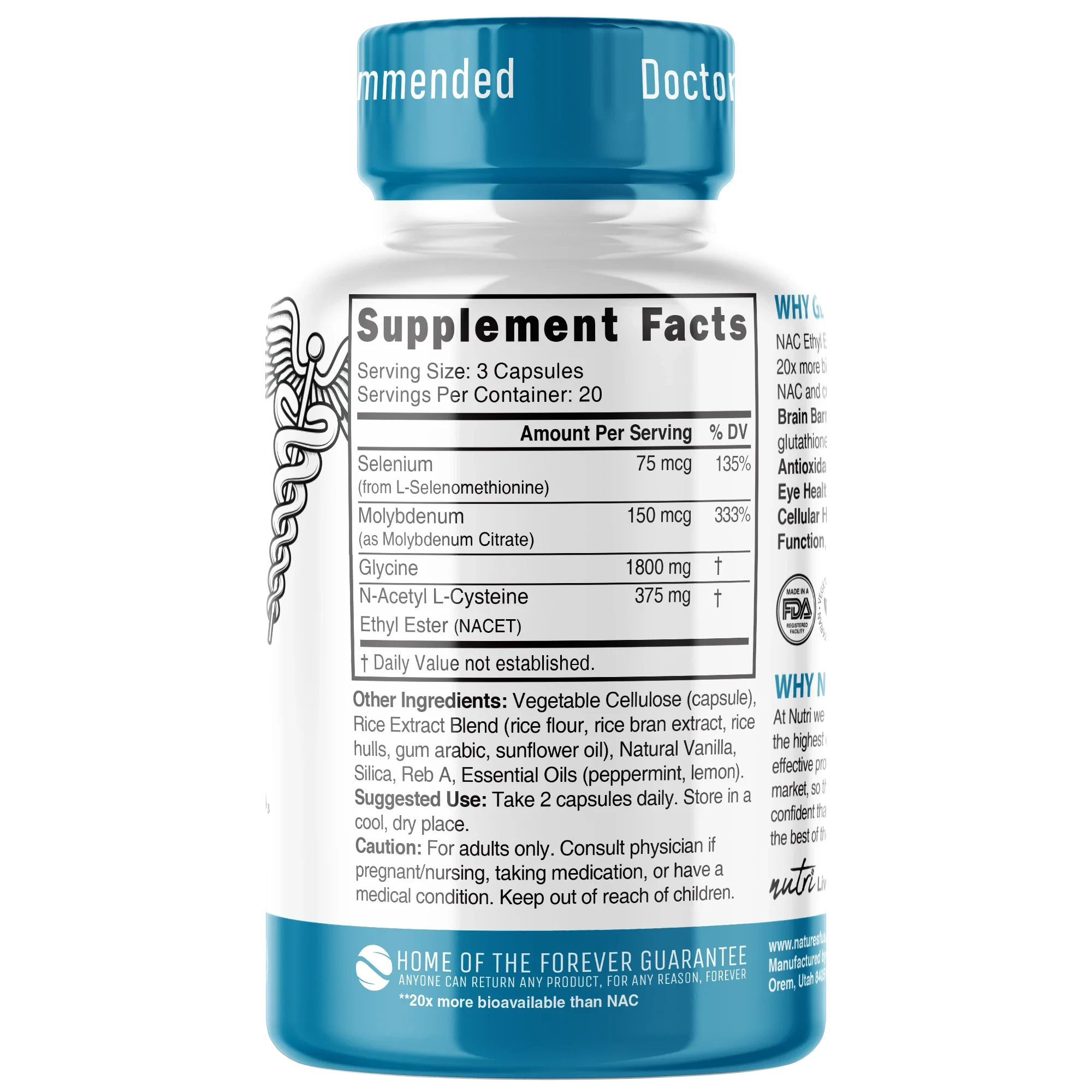 Nutri GlyNACET 375 mg Extra Strength 1800/375 mg – 60 Count - back label