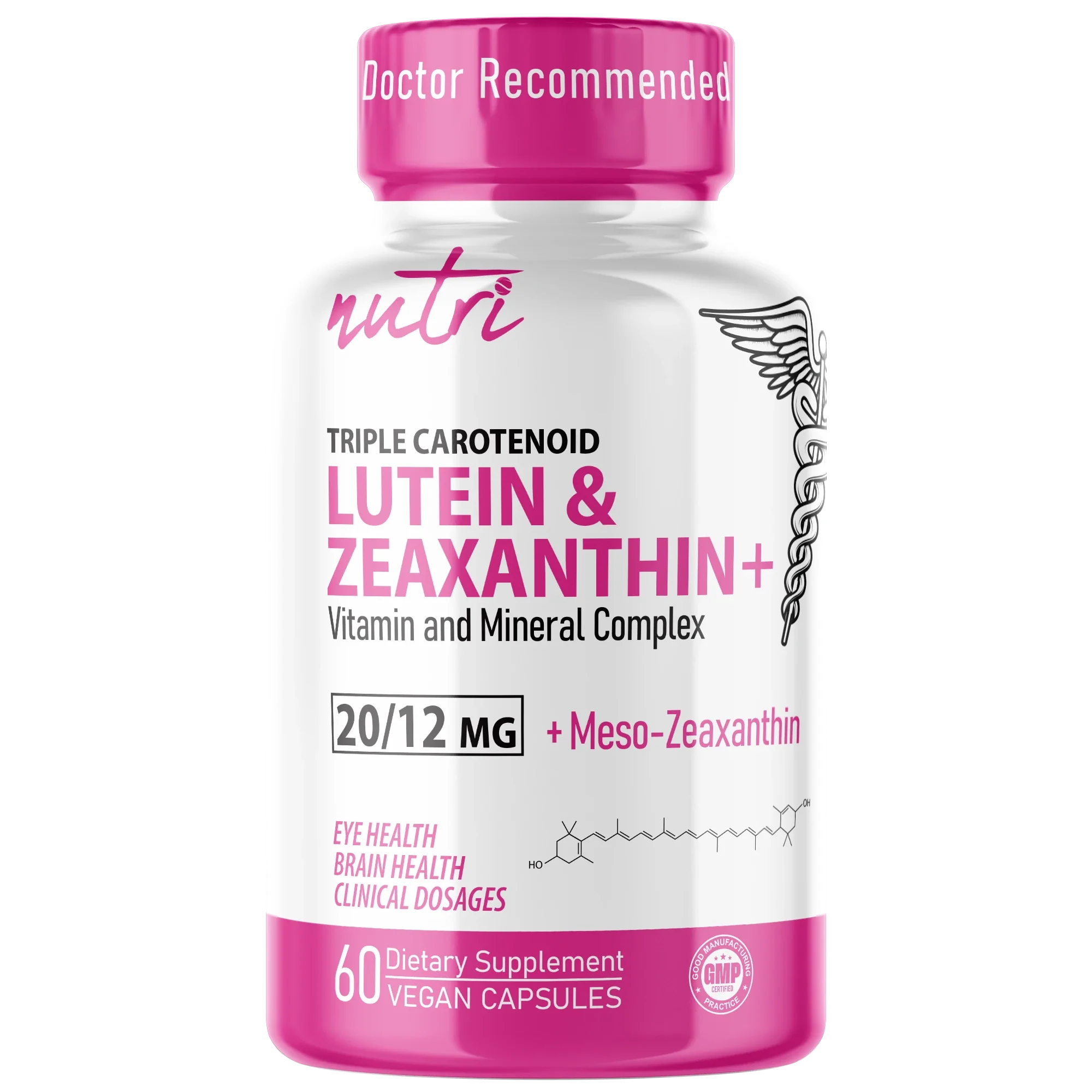 Nutri Lutein, Zeaxanthin & Mesozeaxanthin Vision Complex with Zinc 20/12 mg – 60 Count - front label
