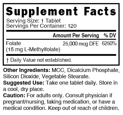 Nutri Methylfolate (5-MTHF) 15 mg – 120 Count - Supplement Facts label