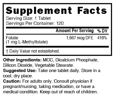 Nutri Methylfolate (5-MTHF) 1 mg – 120 Count - Supplement Facts label