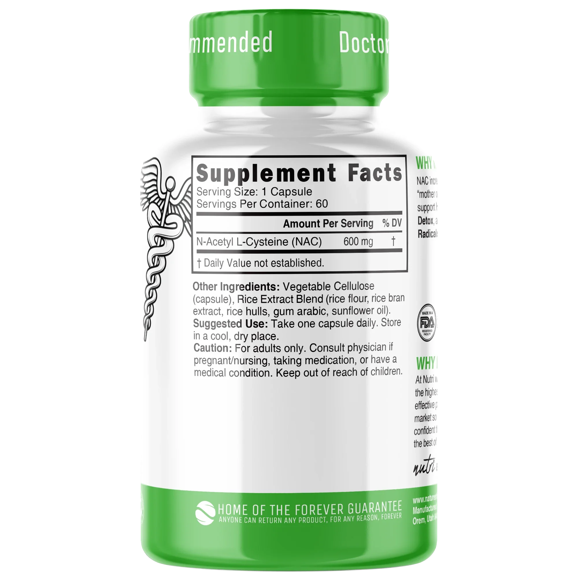 Nutri NAC (N-Acetyl L-Cysteine) 600 mg – 60 Count - back label
