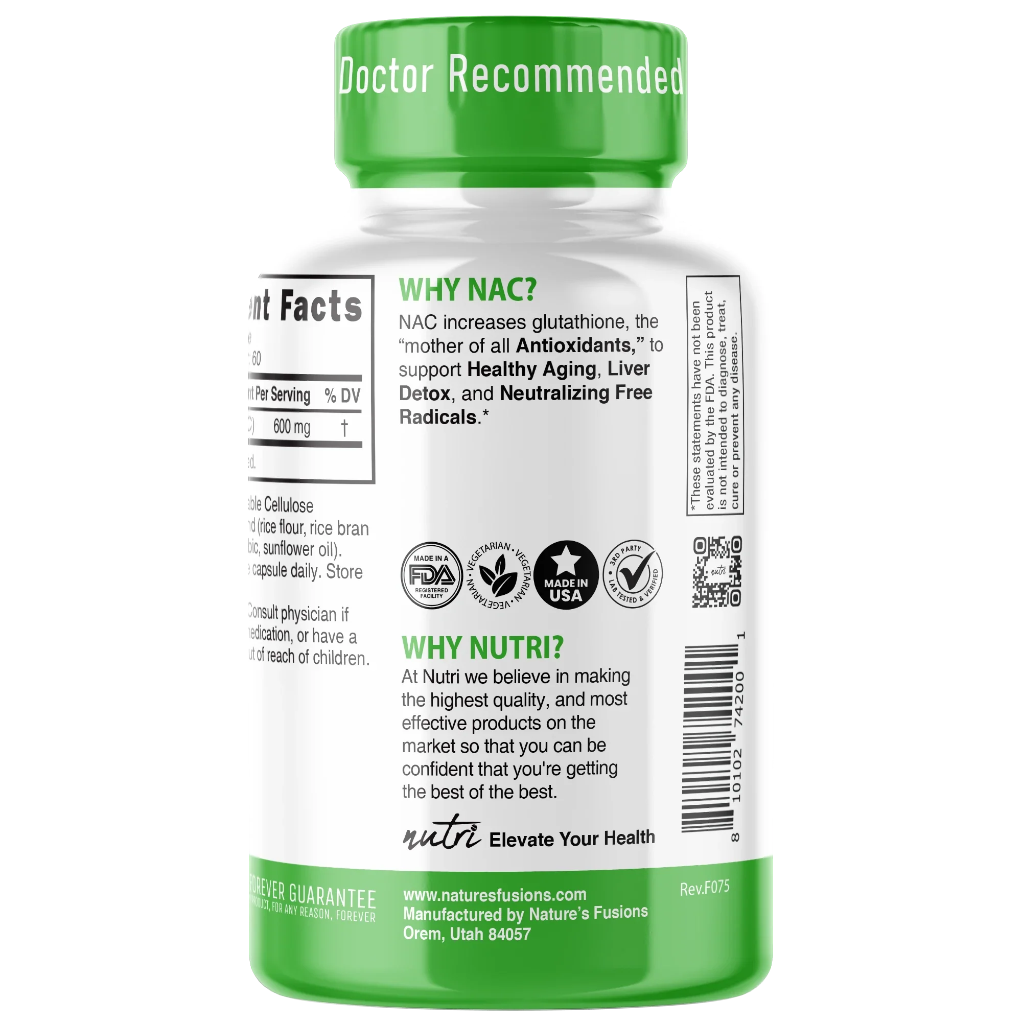 Nutri NAC (N-Acetyl L-Cysteine) 600 mg – 60 Count - side view