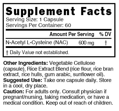 Nutri NAC (N-Acetyl L-Cysteine) 600 mg – 60 Count - Supplement Facts label