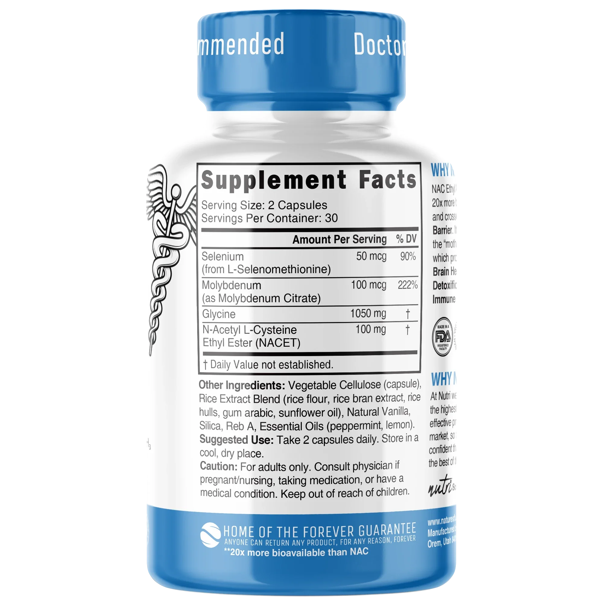 Nutri Neuro-NAC 100 mg (NACET) 1050/100 mg – 60 Count - back label