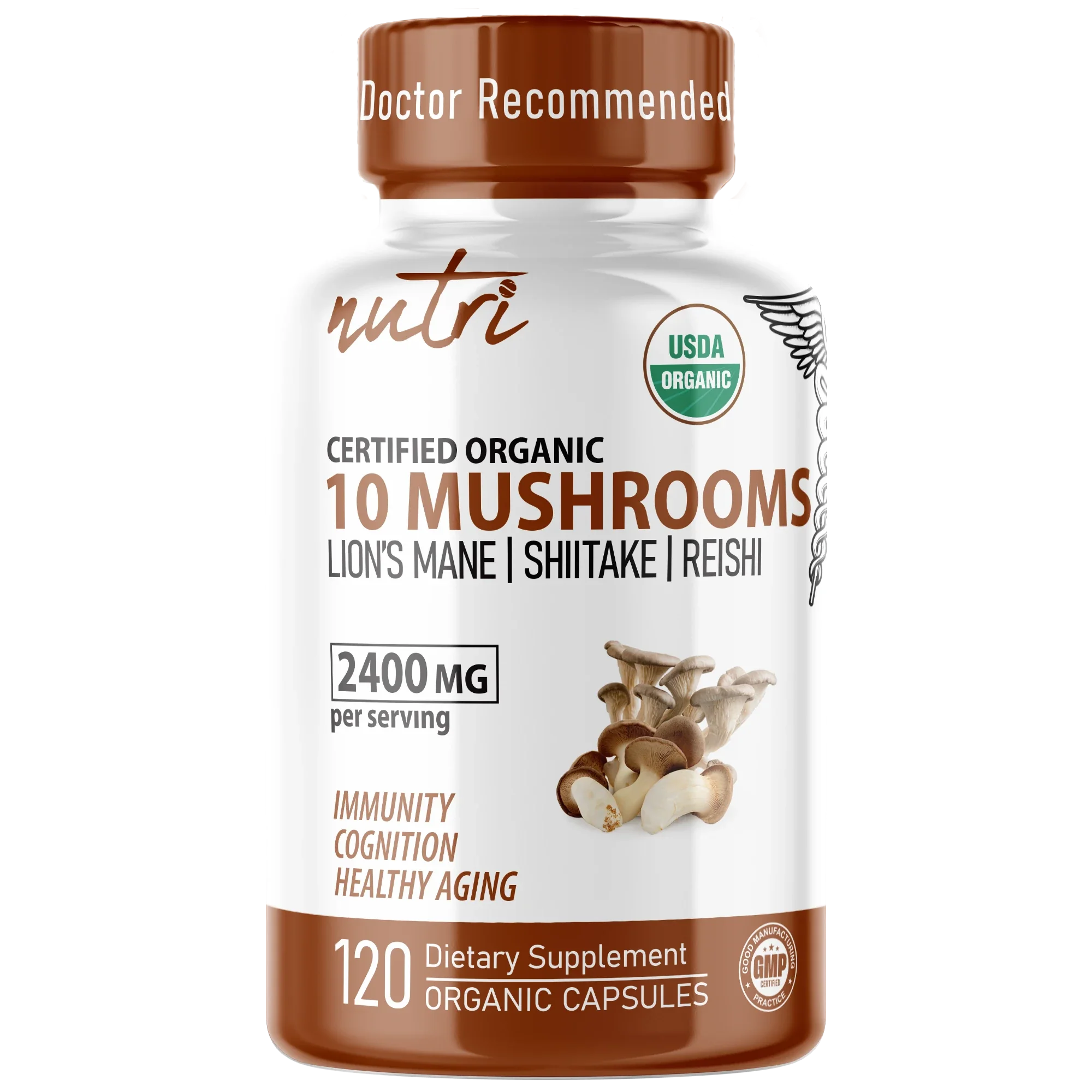 Nutri 10 Mushroom Organic 2400 mg – 120 Count - front label