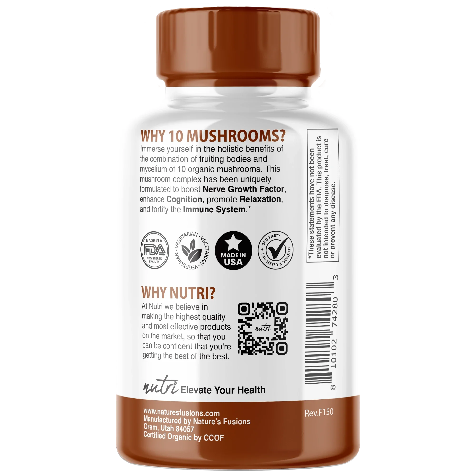 Nutri 10 Mushroom Organic 2400 mg – 120 Count - side view