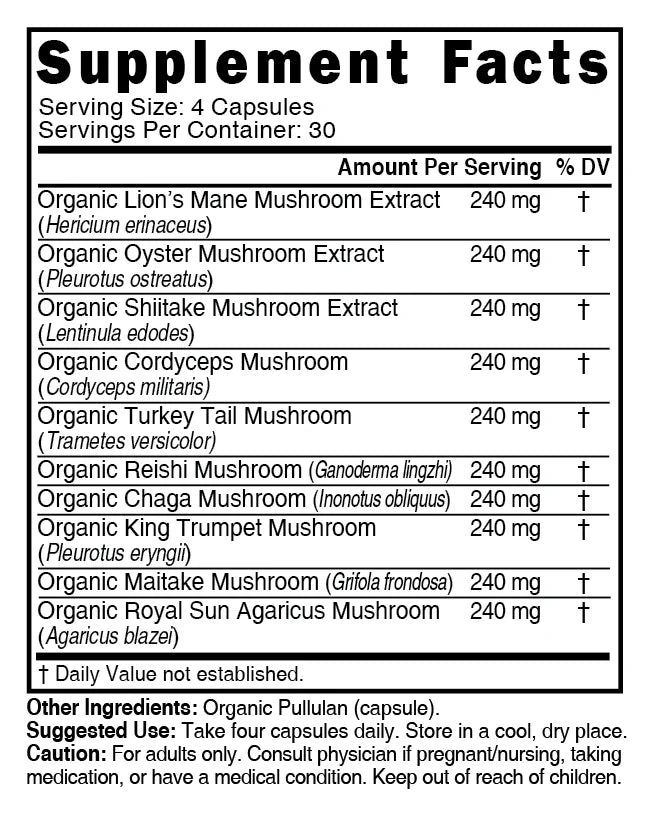 Nutri 10 Mushroom Organic 2400 mg – 120 Count - Supplement Facts label