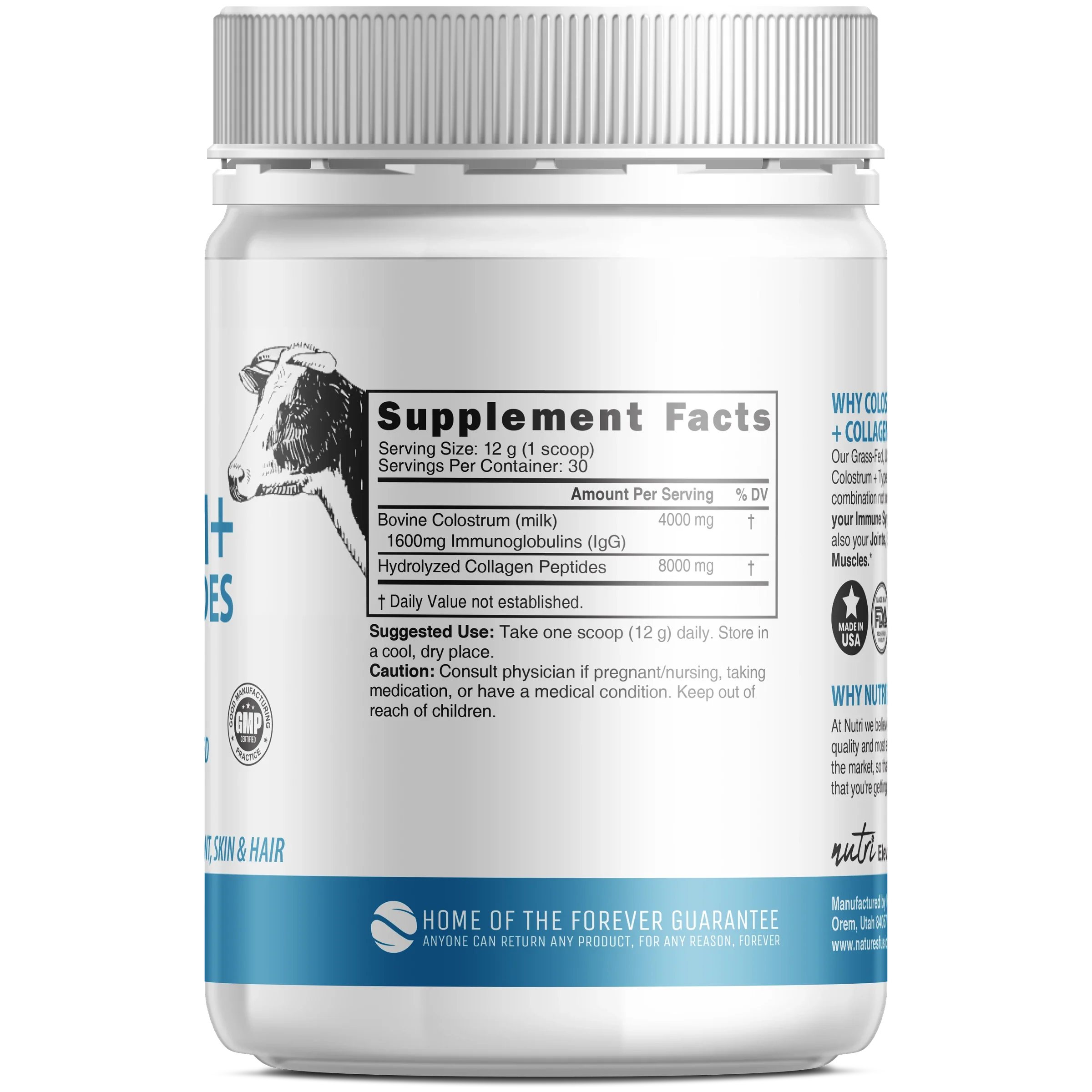 Nutri Colostrum + Collagen 4/8 g Unflavored Powder – 360 g Tub - back label