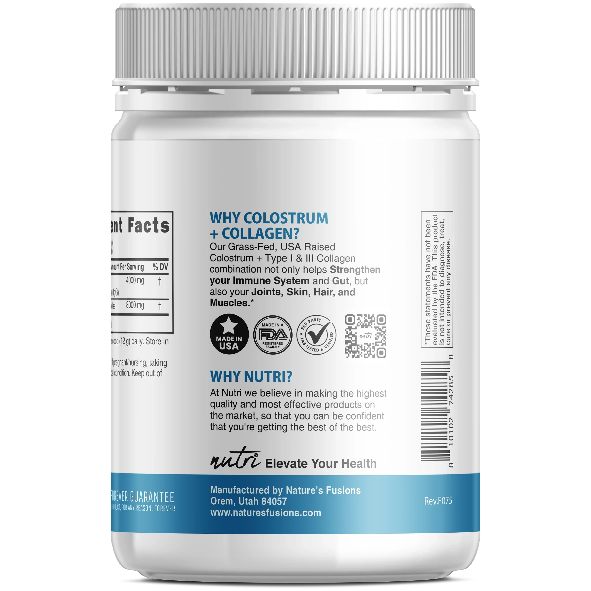 Nutri Colostrum + Collagen 4/8 g Unflavored Powder – 360 g Tub - side view