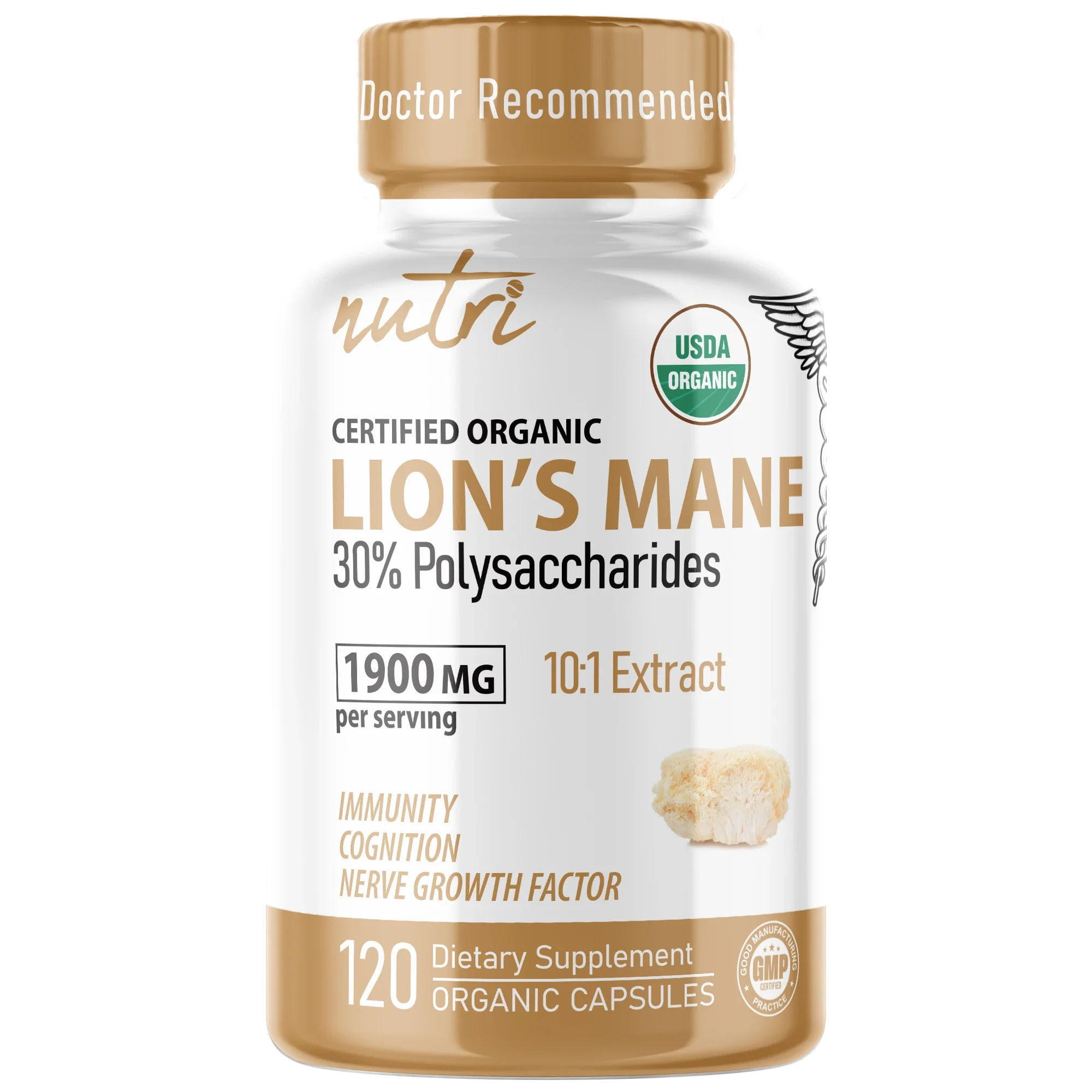Nutri Lion’s Mane Extract 1900 mg – 120 Count – Organic - front label