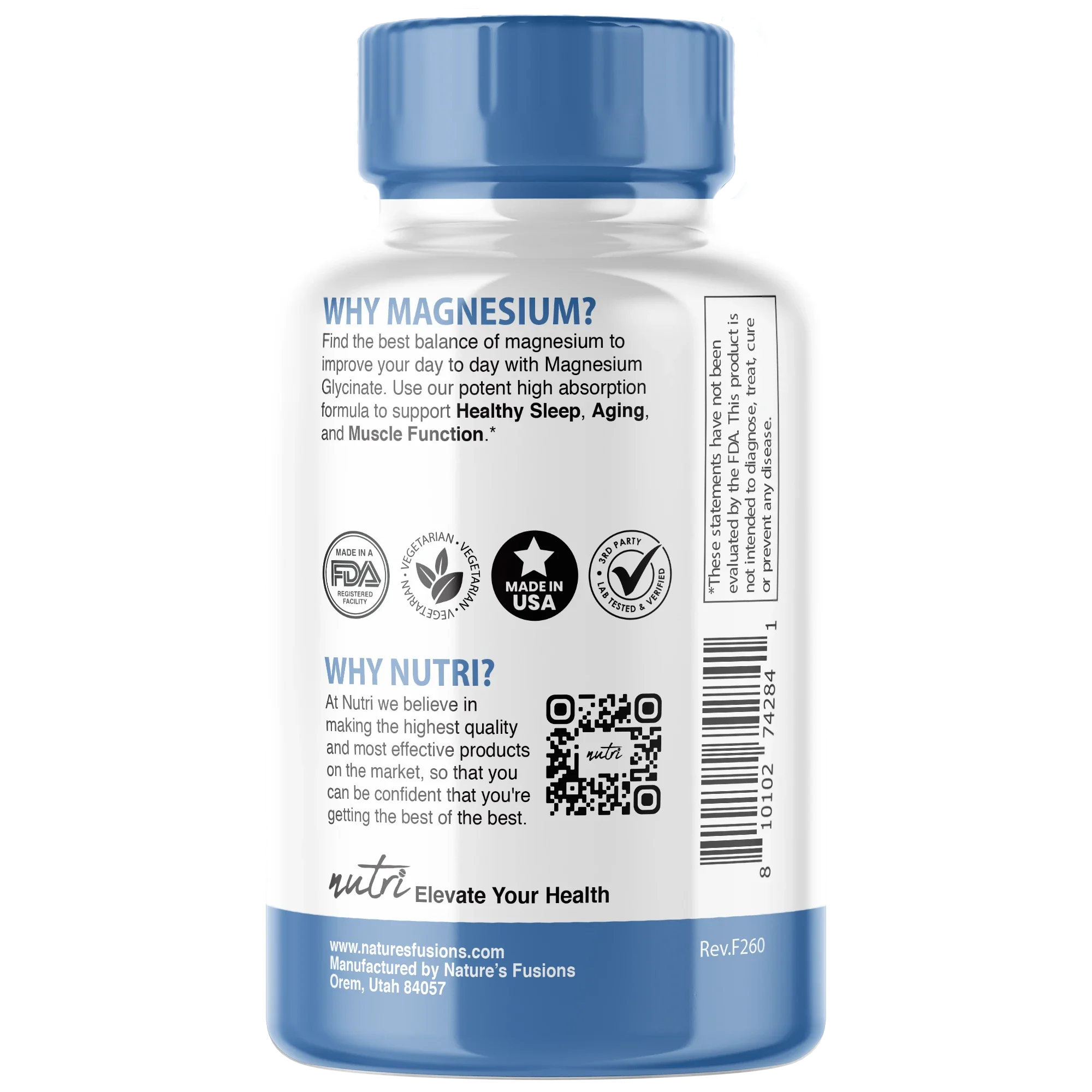 Nutri Magnesium Glycinate (High Absorption) 480 mg – 120 Count - side view