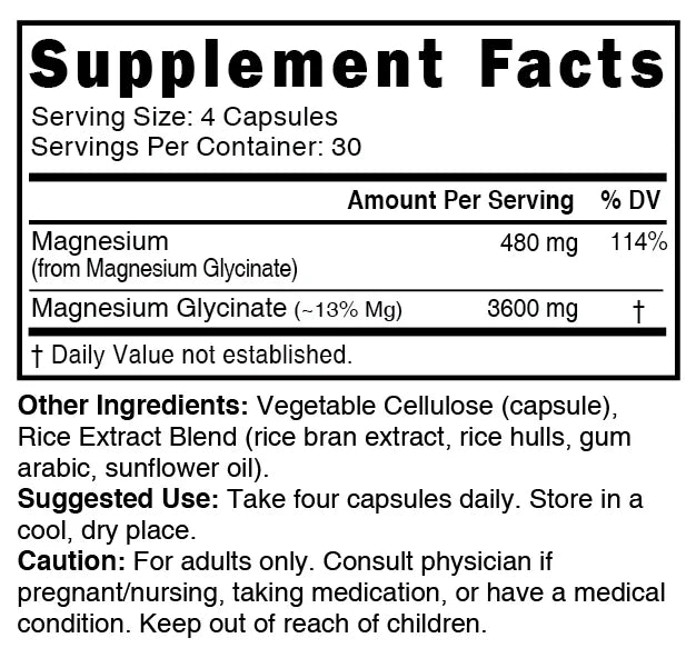 Nutri Magnesium Glycinate (High Absorption) 480 mg – 120 Count - Supplement Facts label