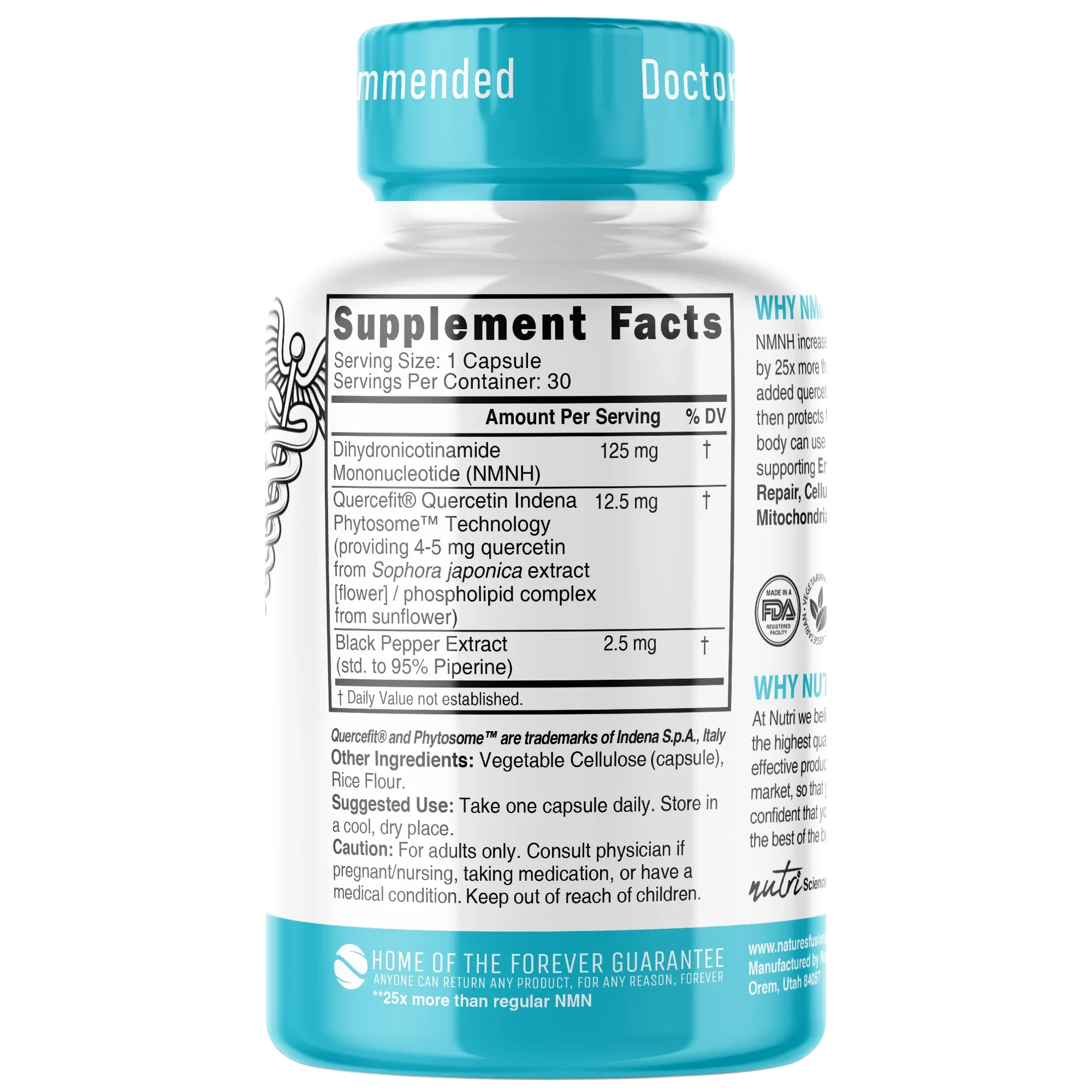 Nutri NMNH 125 mg Extra Strength (Dihydronicotinamide Mononucleotide) – 30 Count - back label