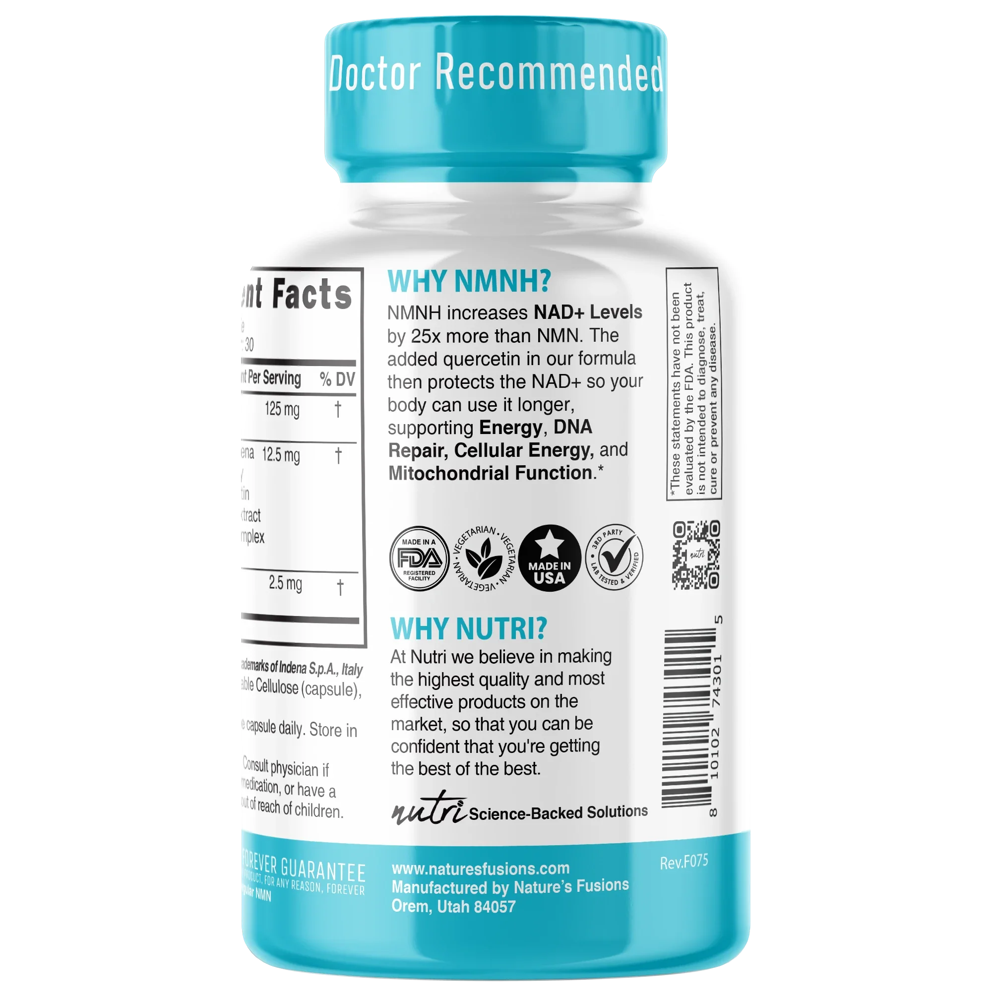 Nutri NMNH 125 mg Extra Strength (Dihydronicotinamide Mononucleotide) – 30 Count - side view