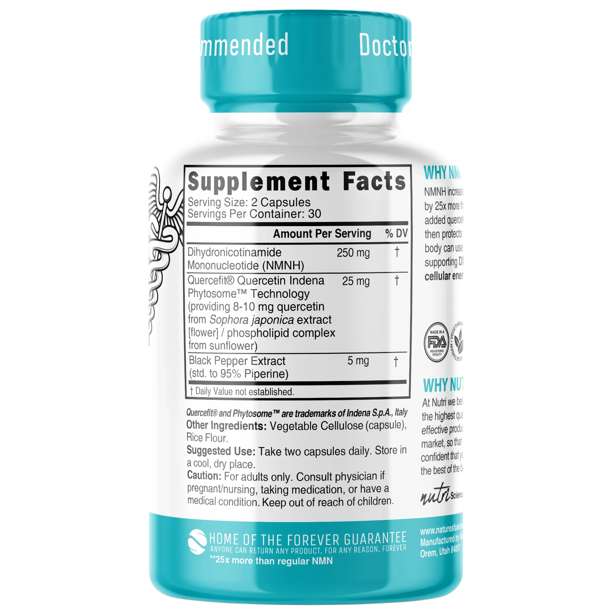 Nutri NMNH 250 mg Max Strength (Dihydronicotinamide Mononucleotide) – 60 Count - back label