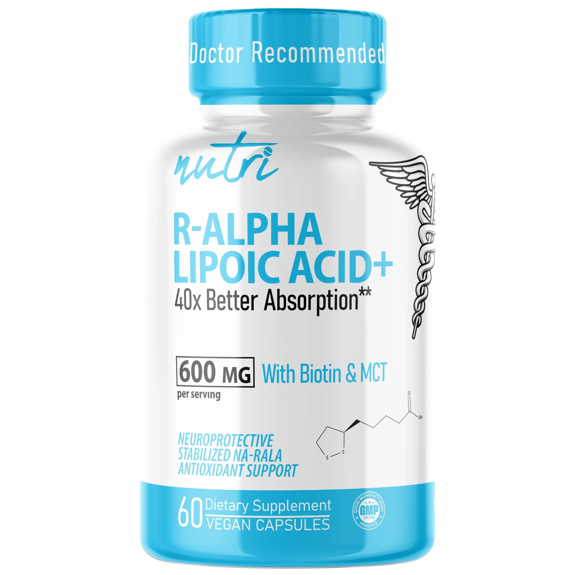 Nutri R Lipoic Acid+ R-ALA (Stabilized Na-RALA with Biotin) 600 mg – 60 Count - front label