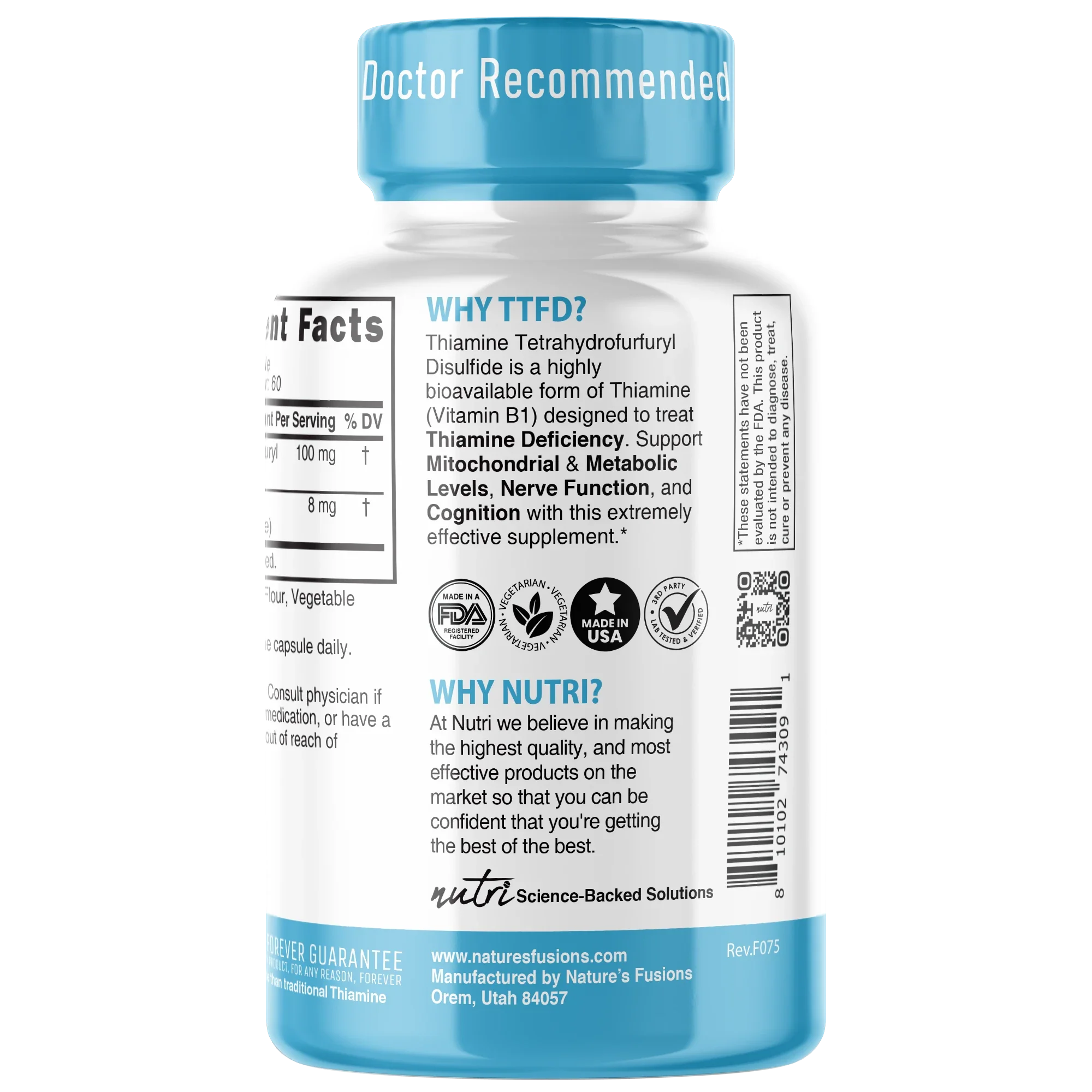 Nutri TTFD Thiamine B1 100 mg – 60 Count - side view