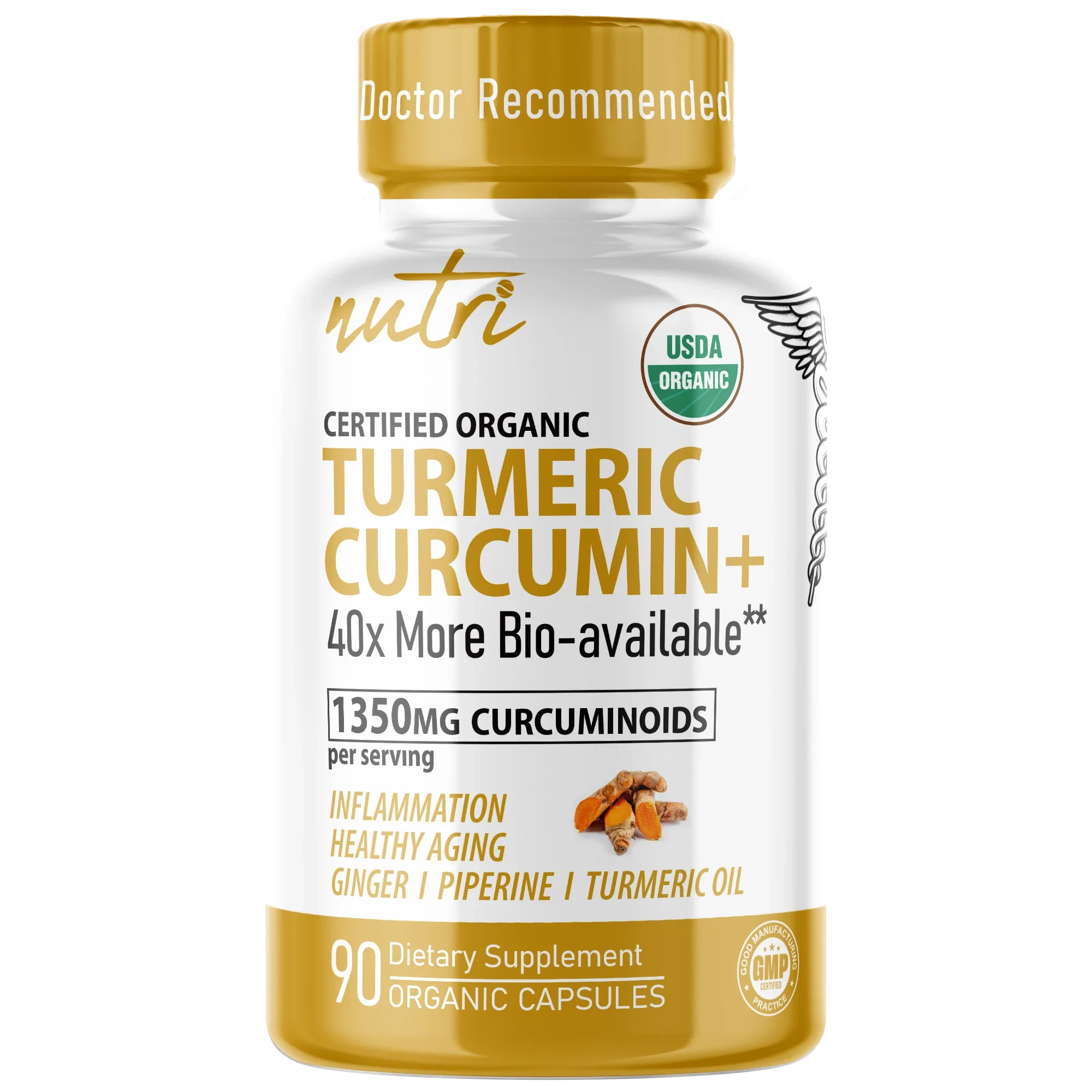Nutri Turmeric Curcumin+ with Ginger, Piperine & Turmeric Oil 1350 mg – 90 Count – Organic - front label