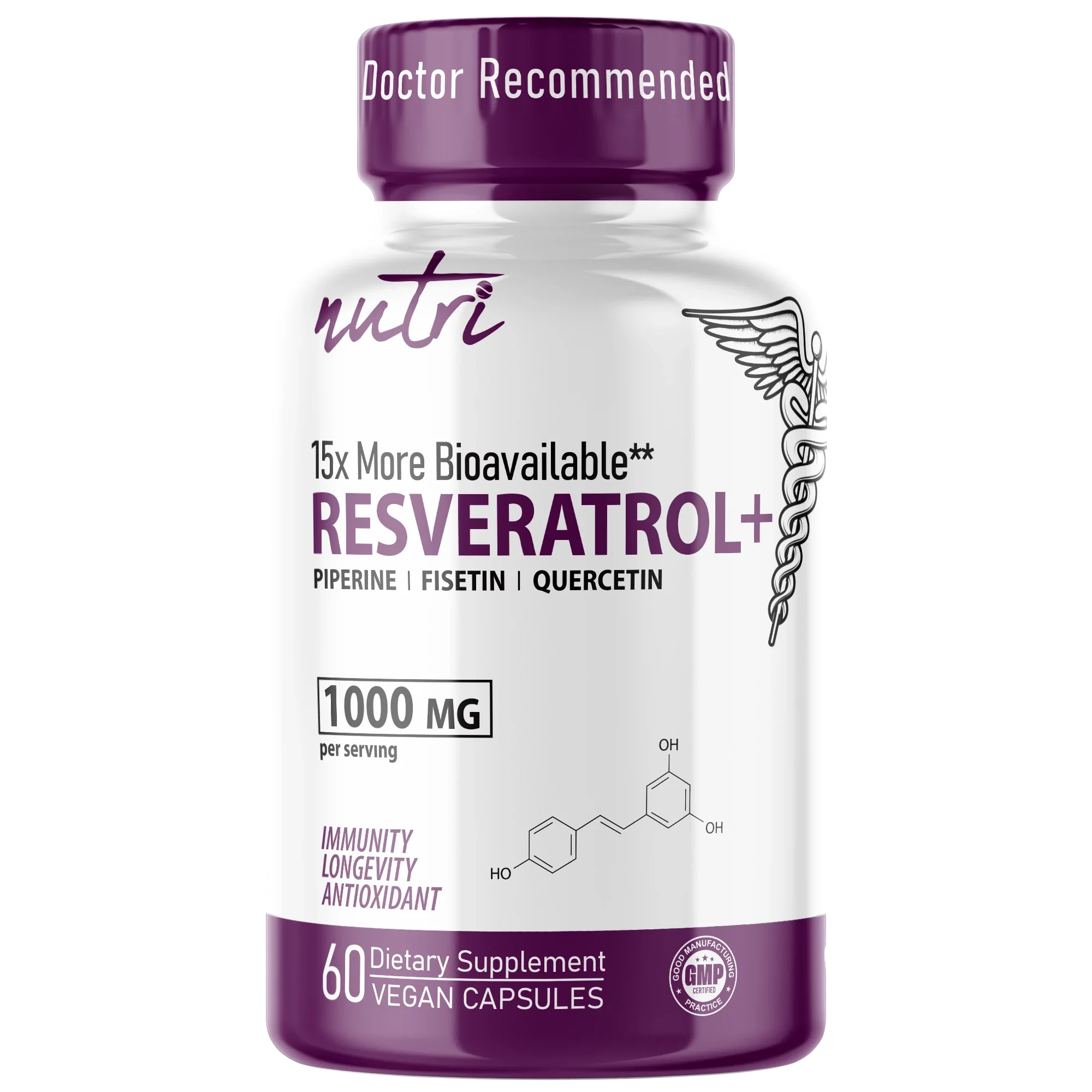 Nutri Resveratrol+ Complex with Black Pepper & Fisetin 1000 mg – 60 Count - front label