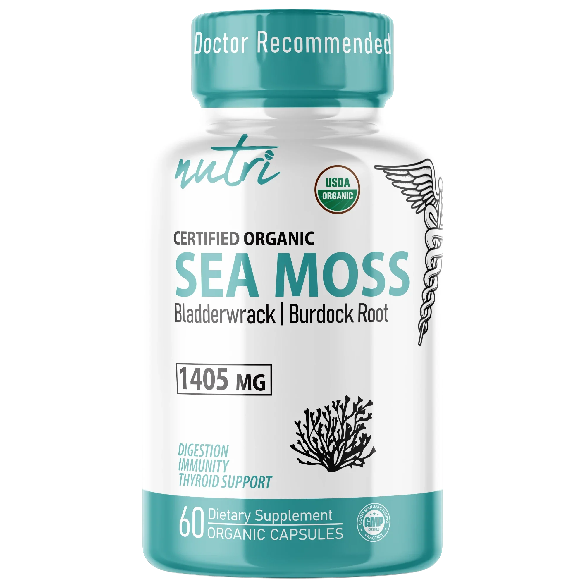 Nutri Sea Moss with Bladderwrack, Burdock & Black Pepper 1405 mg – 60 Count – Organic - front label
