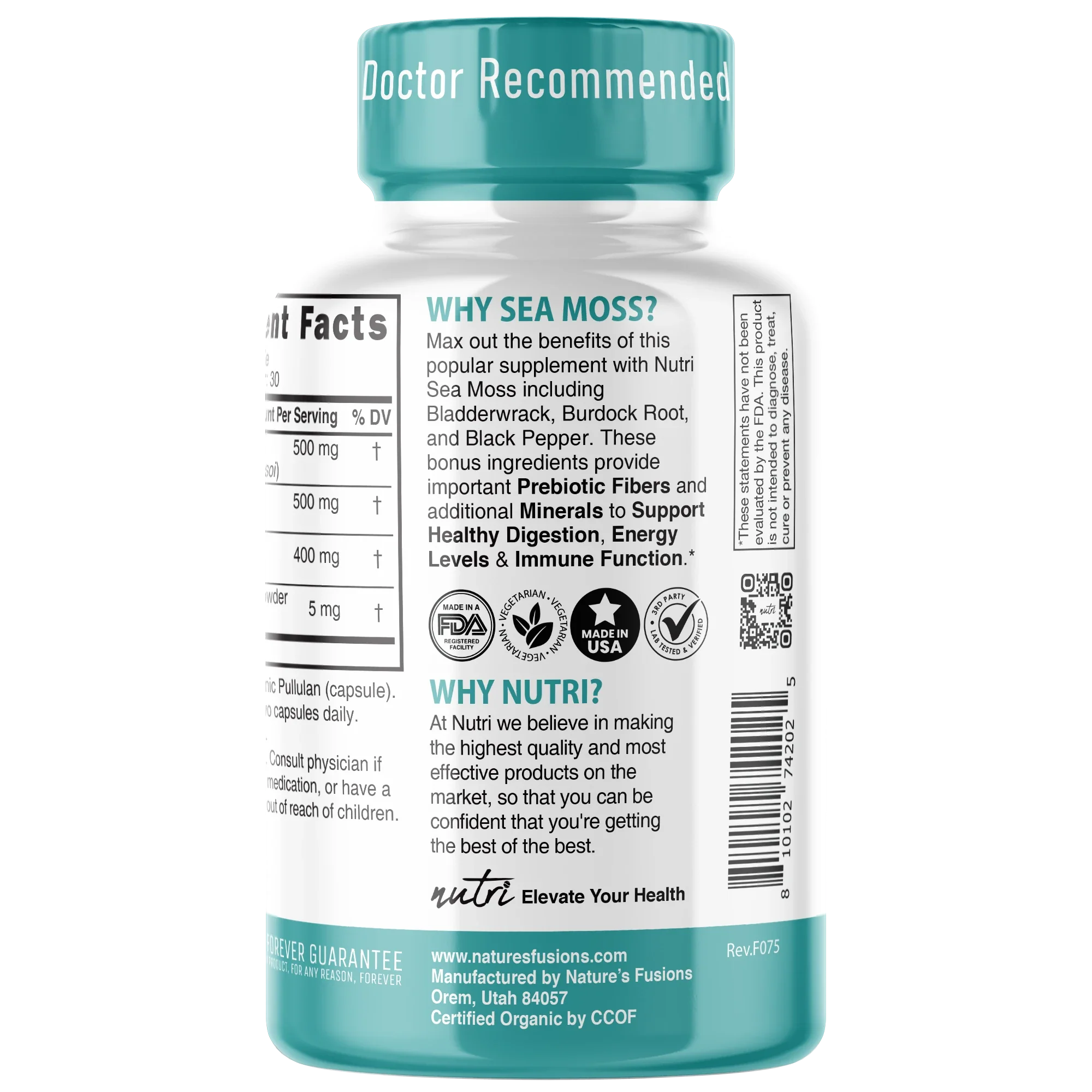 Nutri Sea Moss with Bladderwrack, Burdock & Black Pepper 1405 mg – 60 Count – Organic - side view