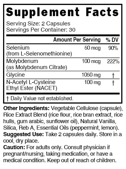 Nutri Neuro-NAC 100 mg (NACET) 1050/100 mg – 60 Count - Supplement Facts label