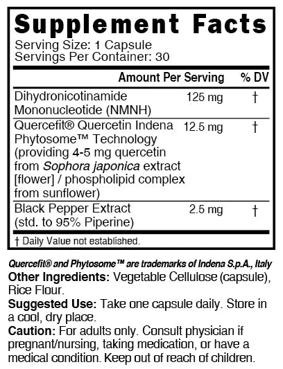 Nutri NMNH 125 mg Extra Strength (Dihydronicotinamide Mononucleotide) – 30 Count - Supplement Facts label